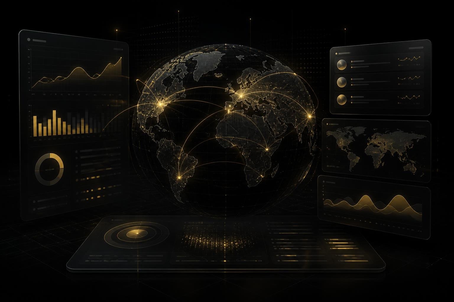 Abstract visualization of global advertising account infrastructure and campaign dashboards